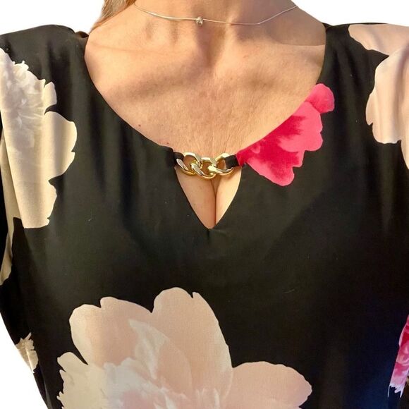 NWT Calvin Klein Floral Black Dress Pink Cream Stretch Knit Key Hole Chain XL - Picture 3 of 10